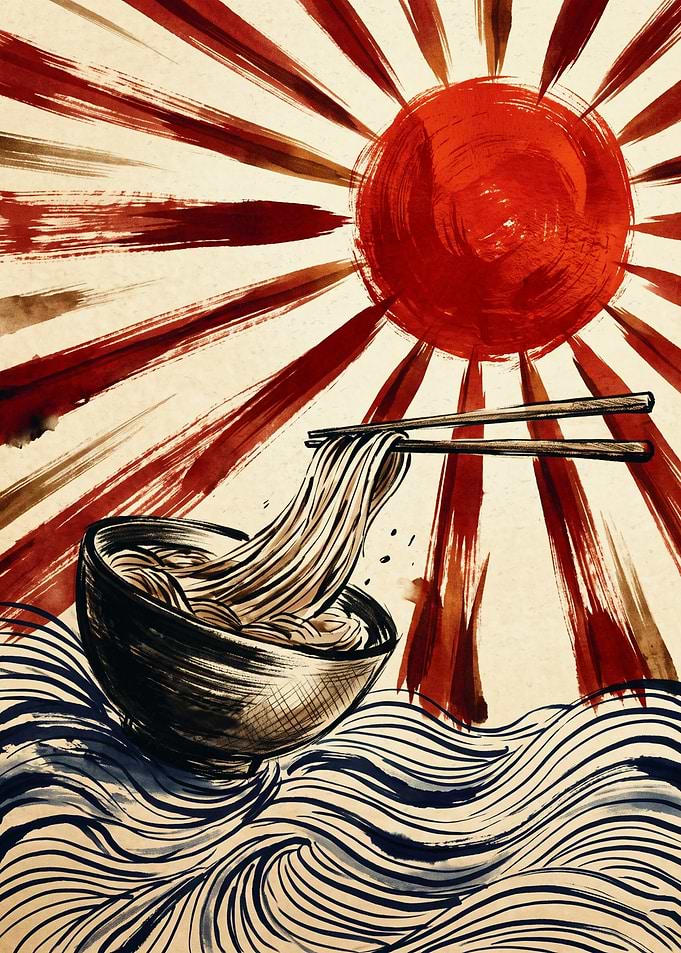 Ramen Noodles Japanese Art Print Vintage Rising Sun Red Sun Ukiyo E Food Poster Decor