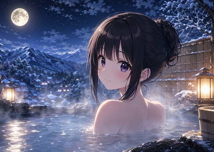 Anime Girl Relaxing in Hot Spring