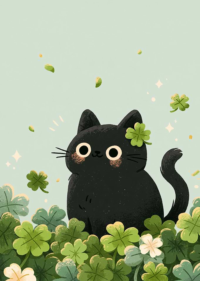 Cute Black Cat in Clover Field