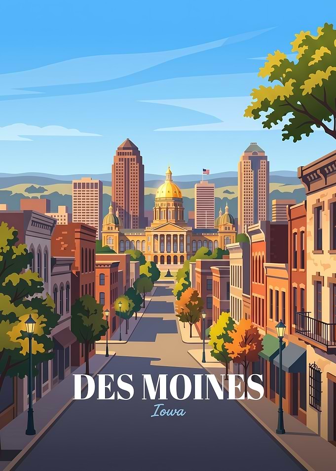 Des Moines Iowa Cityscape Travel Poster