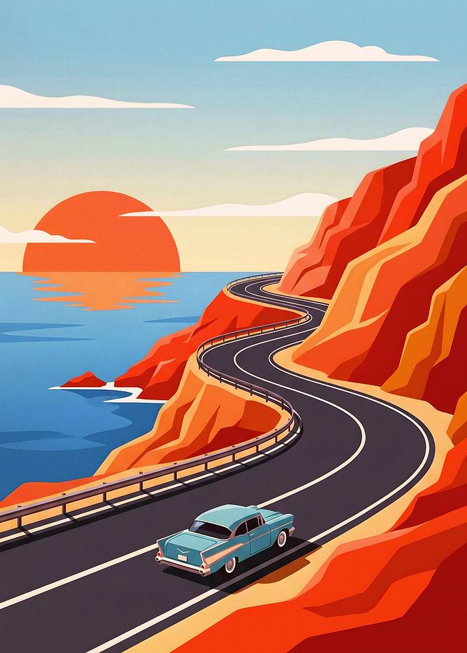 Vintage Car Driving Along Coastal Road
