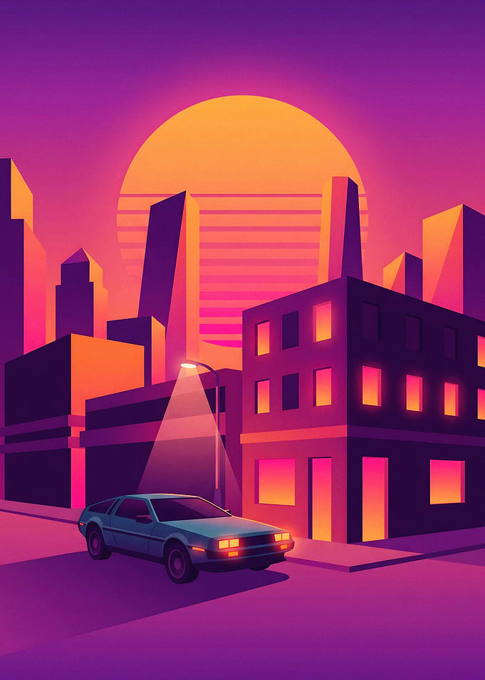 Retro Synthwave DeLorean Cityscape