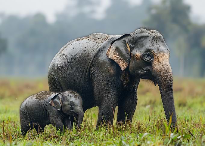 Mother Elephant and Her Calf