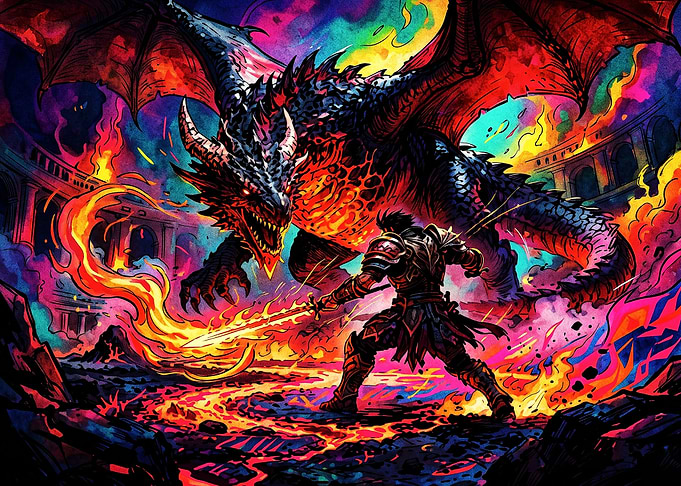 Warrior Battling a Fiery Dragon