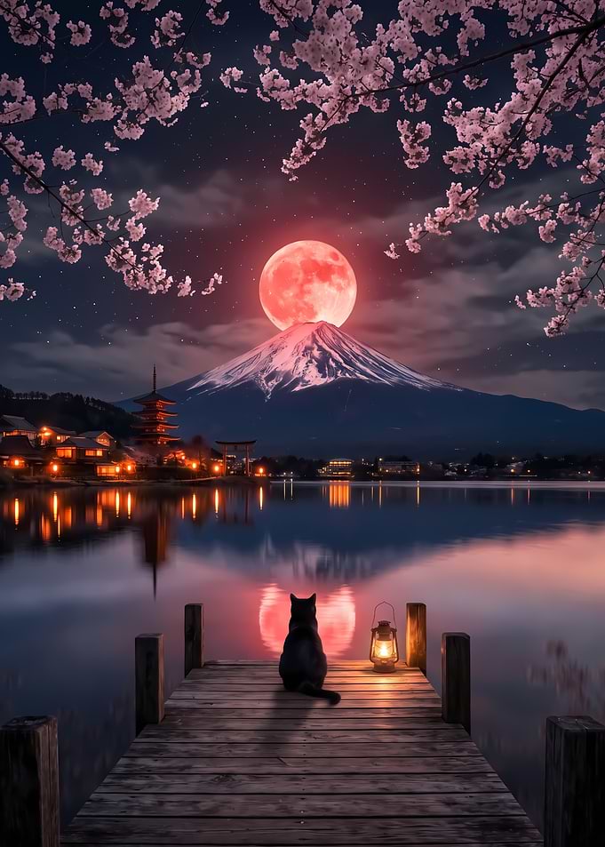 Cat Watching Red Moon Over Fuji