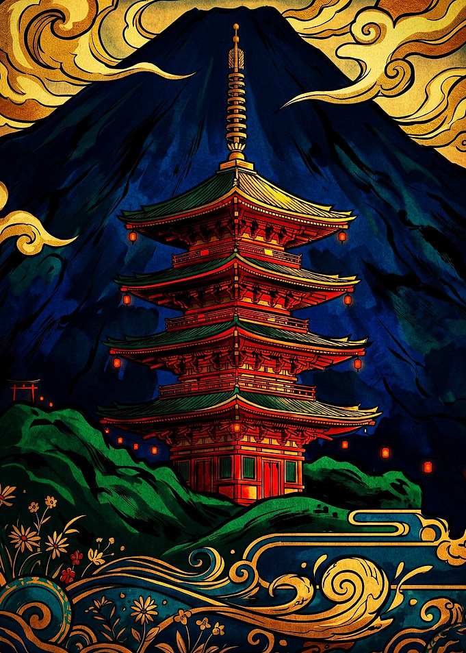 Traditional Japanese Pagoda and Mountain Art