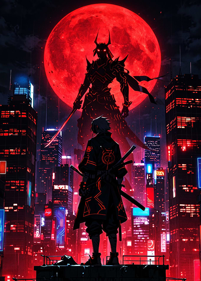 Cyberpunk Samurai Under Red Moon