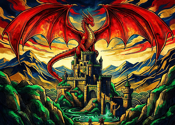 Red Dragon Perched on Medieval Castle