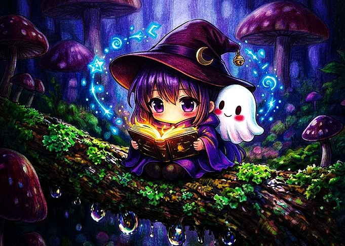 Chibi Witch Reading in Enchanted Forest