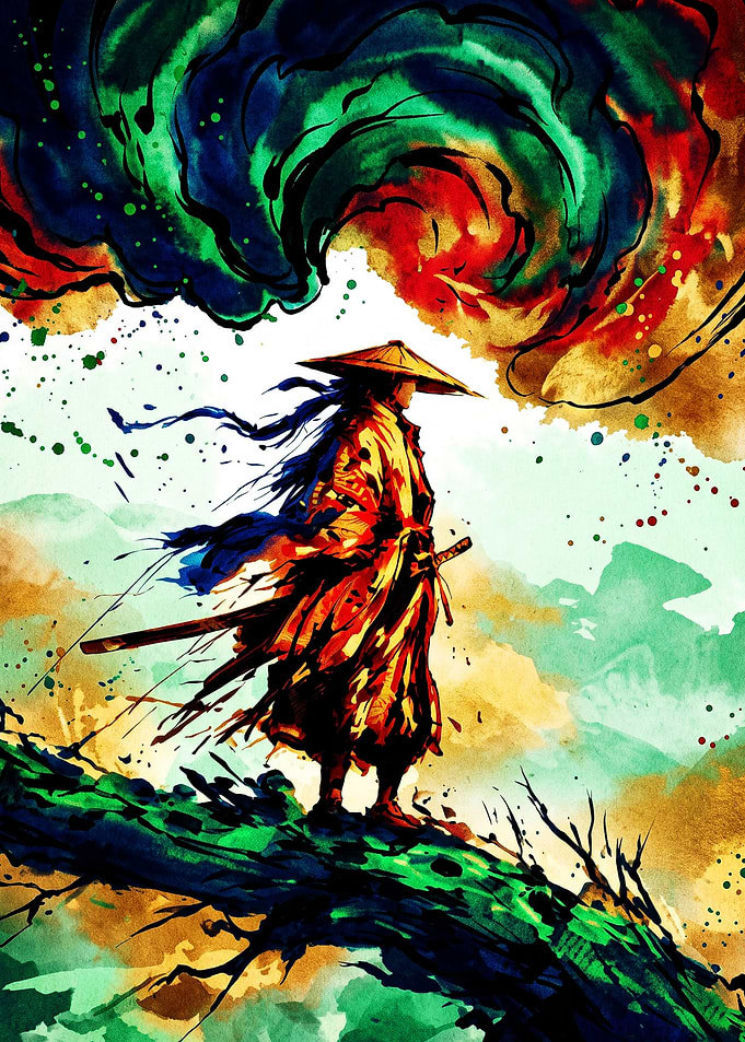 Watercolor Samurai Standing on Ridge