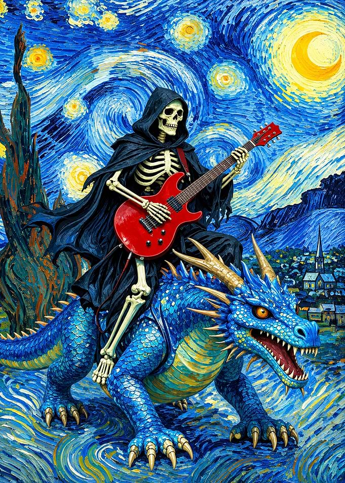 Skeleton Guitarist Riding Blue Dragon