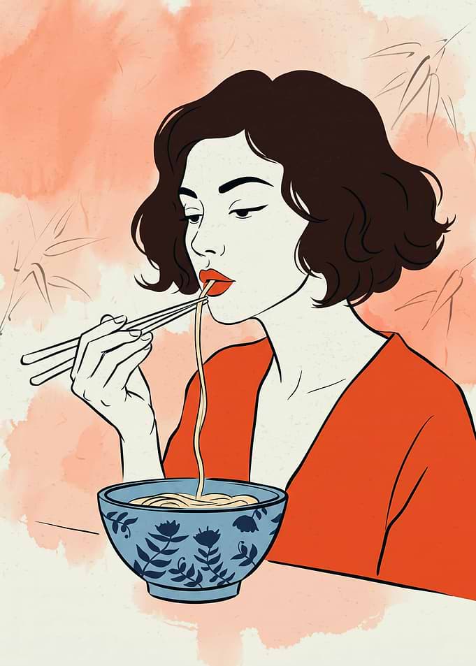 Woman Eating Noodles Ramen Bowl Art Print Retro Asian Food Illustration Poster