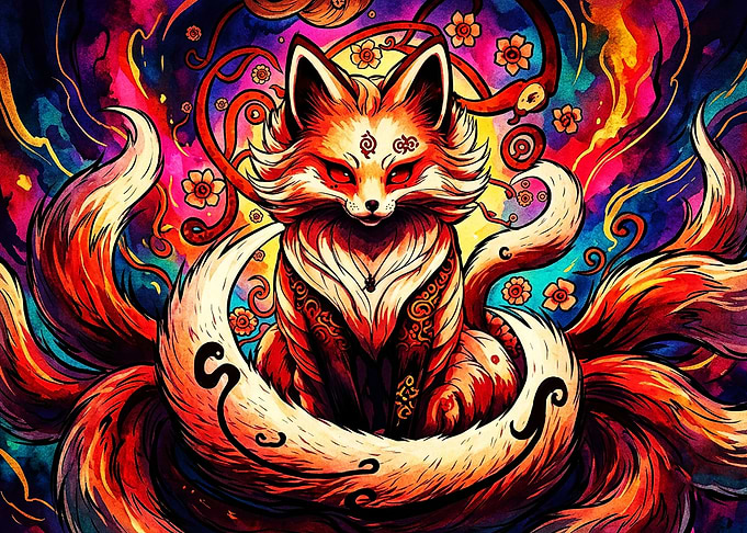 Vibrant Nine-Tailed Kitsune Fox Art