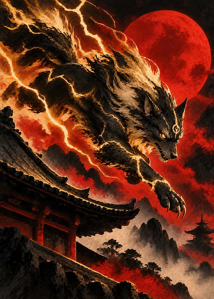 Fiery Wolf Over Japanese Temple
