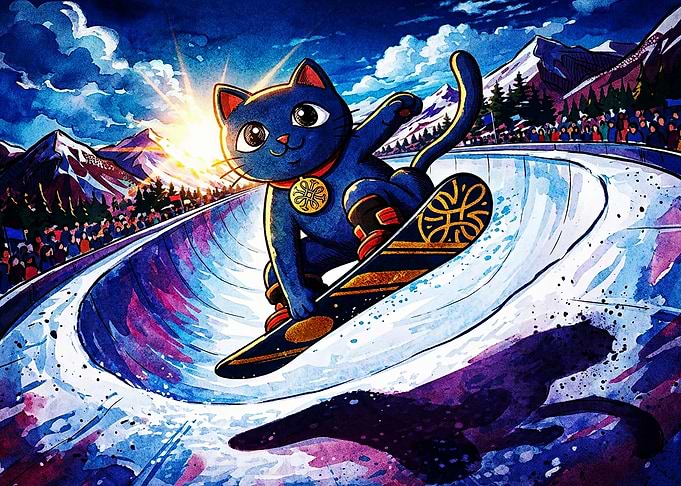 Cartoon Cat Snowboarding in Halfpipe