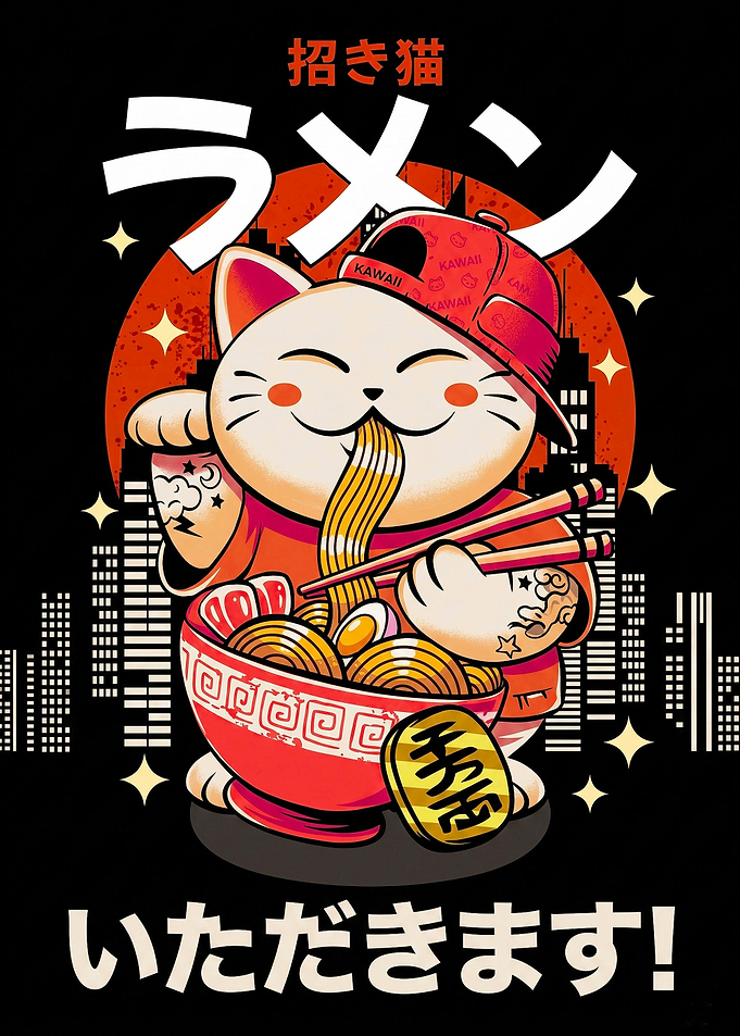 Cool Maneki-Neko Eating Ramen Illustration