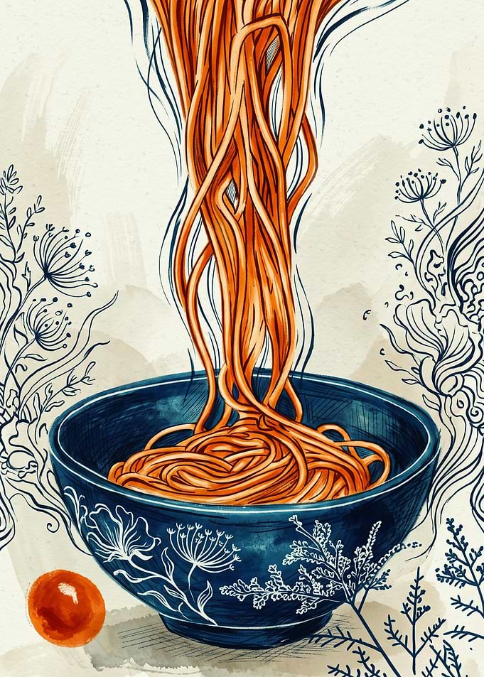 Spaghetti Bowl Food Illustration Pen And Ink Sketch Kitchen Dining Room Wall Art Print