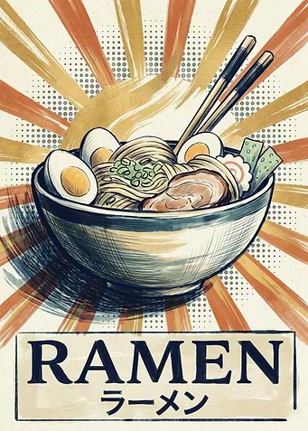 Japanese Ramen Bowl Retro Art Print Noodles Chopsticks Rising Sun Food Poster
