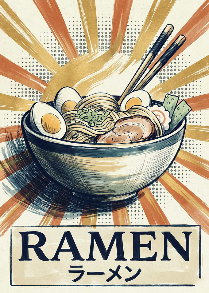 Japanese Ramen Bowl Retro Art Print Noodles Chopsticks Rising Sun Food Poster