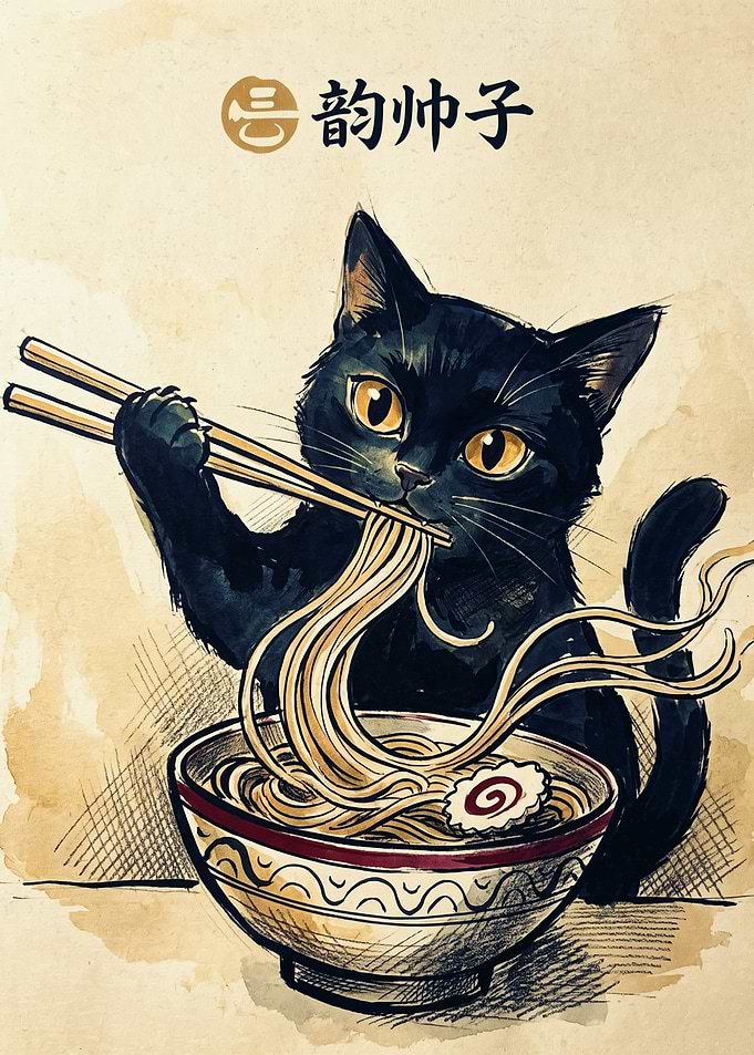 Black Cat Ramen Japanese Ink Art Eating Noodles Vintage Asian Foodie Aesthetic Poster