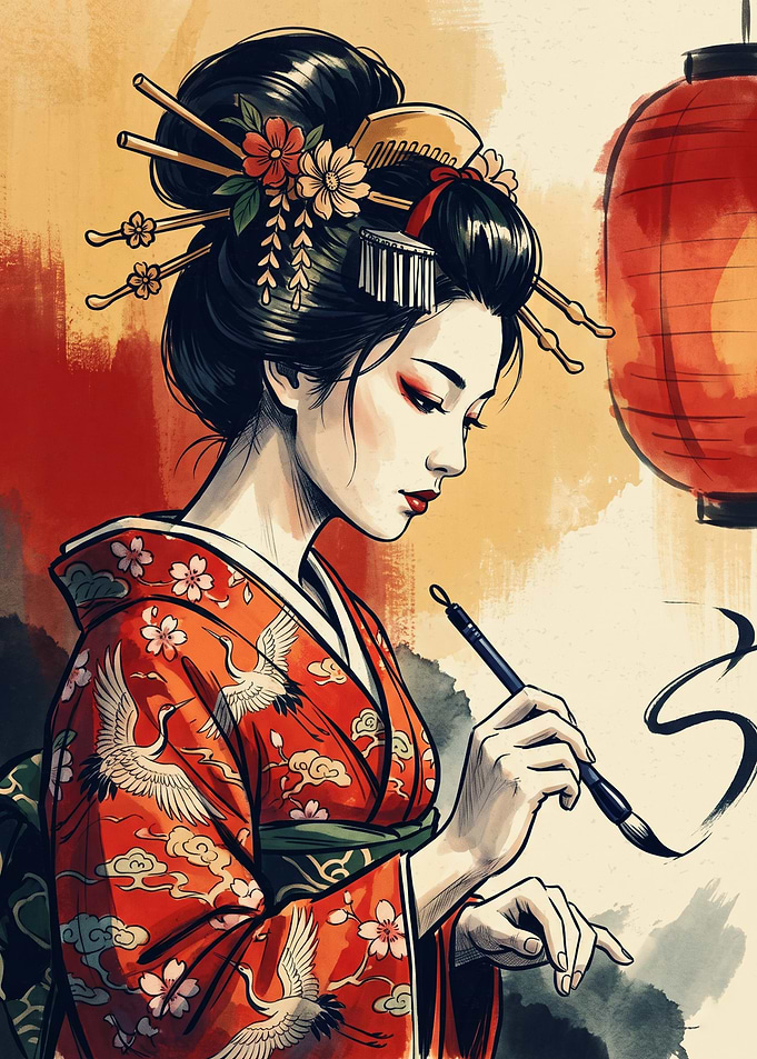 Geisha Kimono Japanese Calligraphy Painting Art Red Lantern Crane Bird Aesthetic Poster