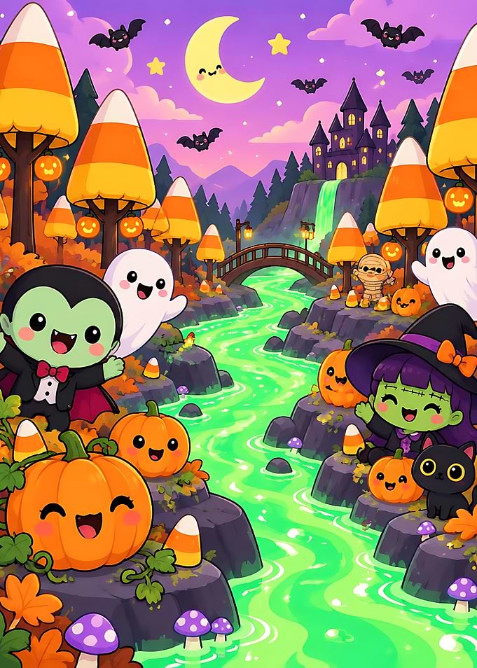 Cute Halloween Landscape with Characters