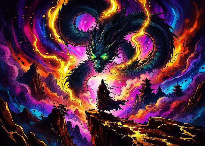 Warrior Facing a Cosmic Dragon