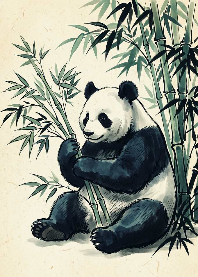 Panda Bamboo Japanese Sumi E Art Traditional Forest Wildlife Nature Animal Print Poster