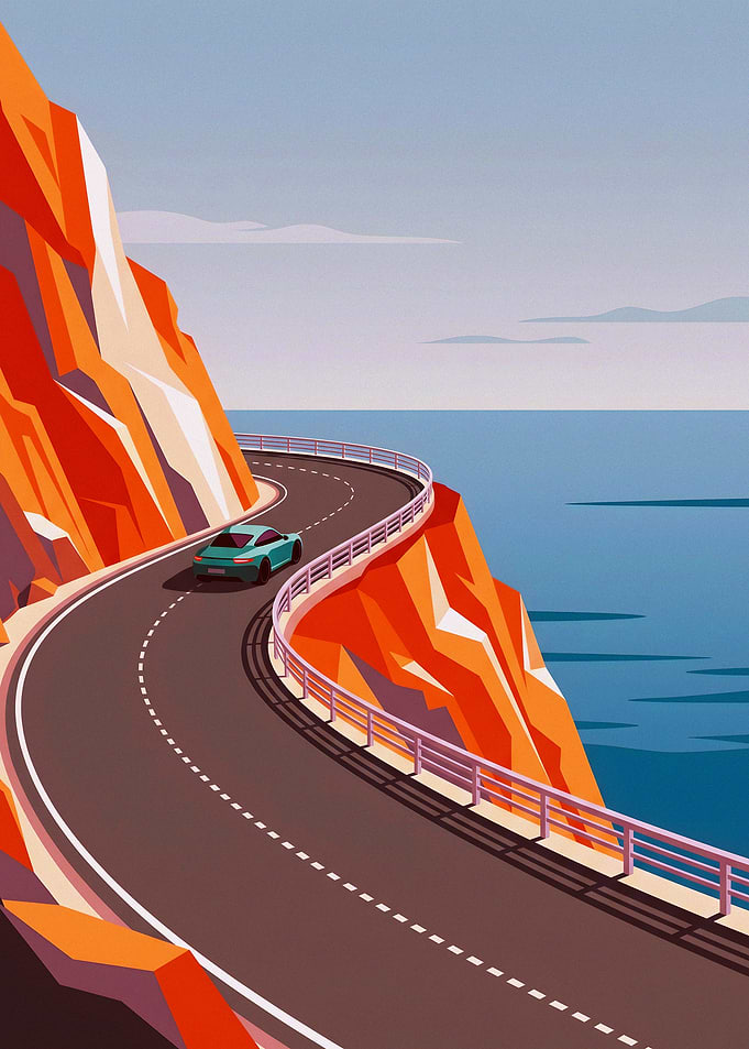 Teal Sports Car on Coastal Road
