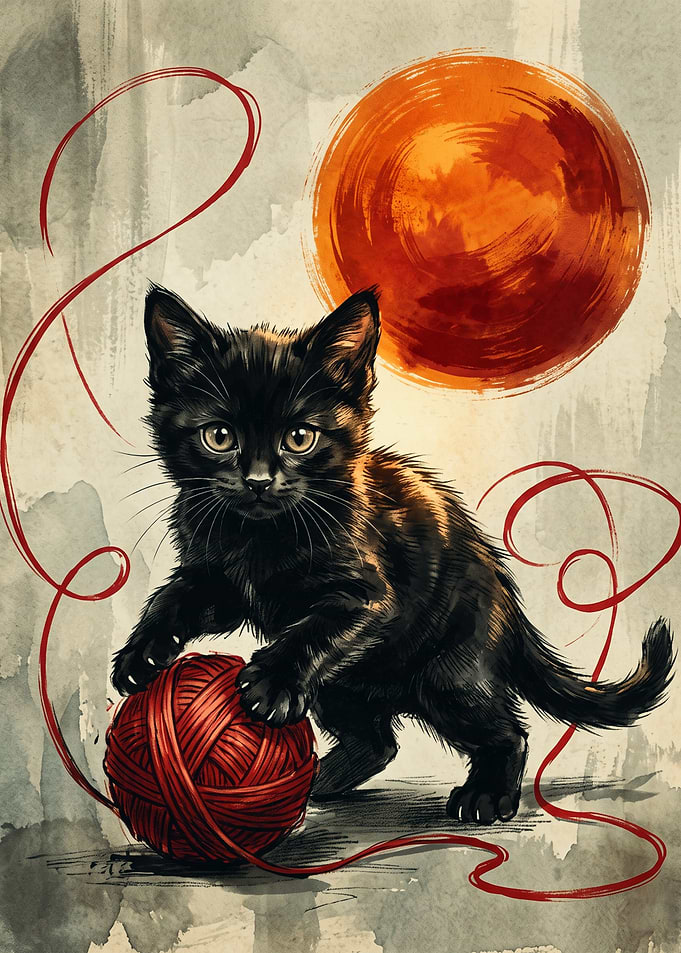 Black Cat Red Yarn Ball Japanese Watercolor Art Print Red Sun Minimalist Wall Decor