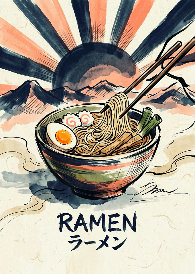 Ramen Bowl Japanese Watercolor Art Chopsticks Mountain Sun Aesthetic Food Poster