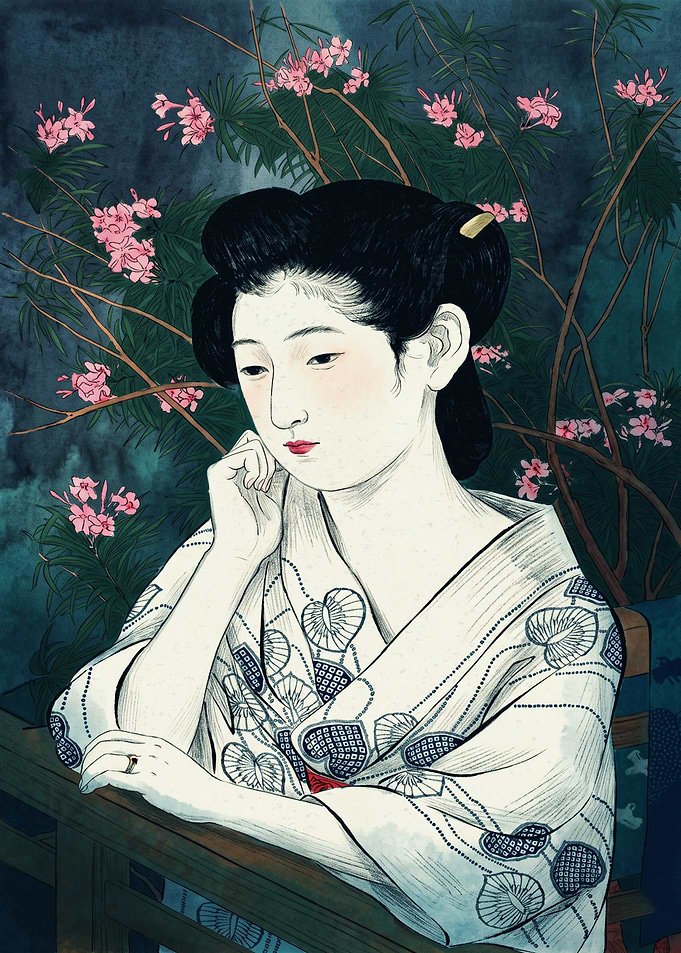 Japanese Woman Kimono Ukiyo E Art Print Pink Cherry Blossom Floral Aesthetic Poster