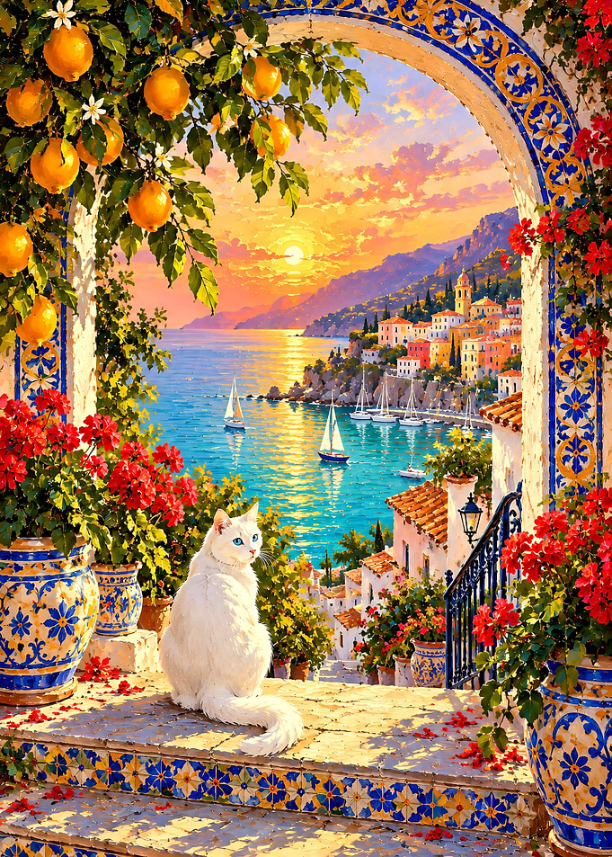 White Cat Overlooking Mediterranean Sunset
