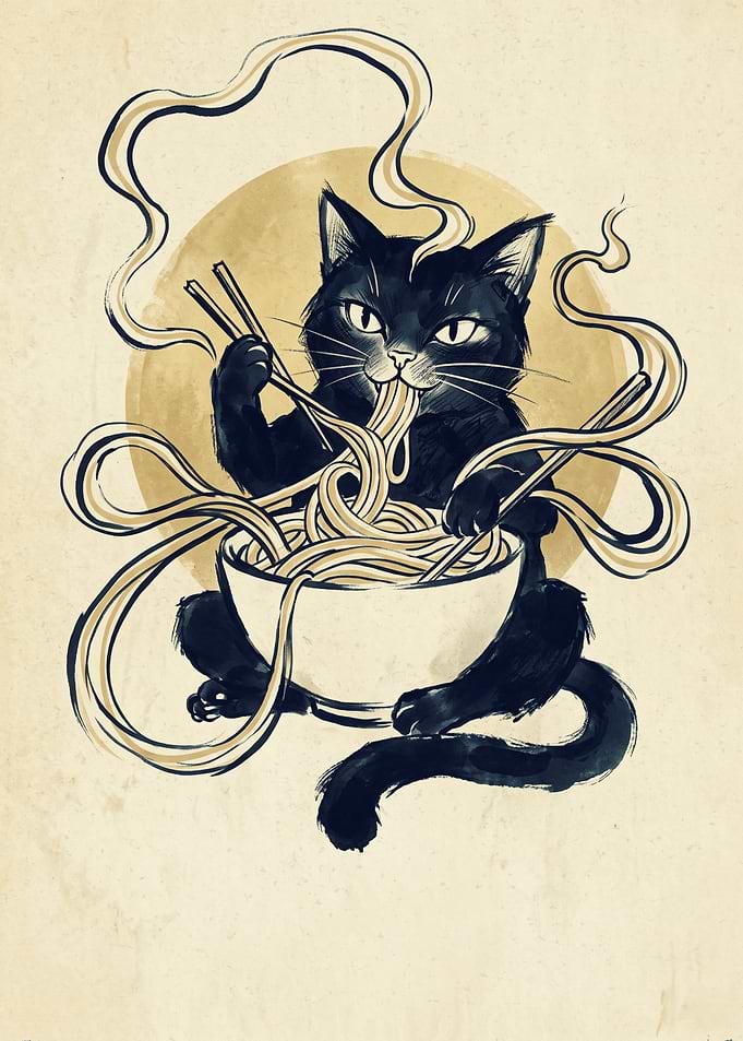 Black Cat Eating Ramen Noodles Ink Sketch Art Japanese Foodie Cute Animal Lover Poster