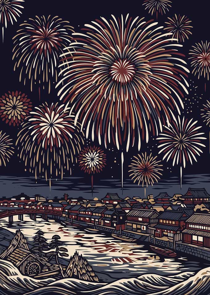 Traditional Japanese Town Fireworks Celebration