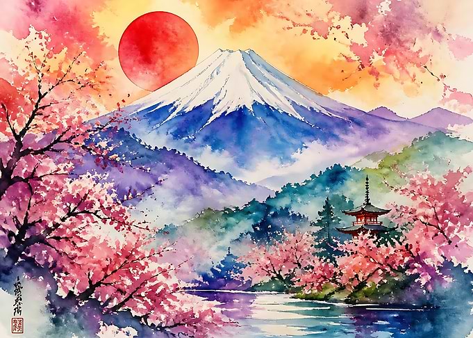 Watercolor Mount Fuji and Cherry Blossoms