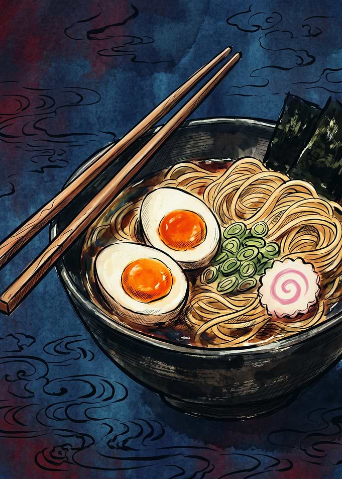 Ramen Bowl Japanese Anime Food Ukiyo E Art Print Noodles Chopsticks Kitchen Wall Poster