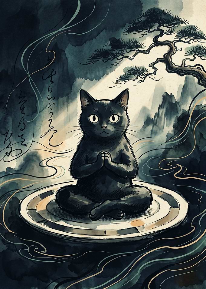 Meditating Black Cat Asian Zen Style Watercolor Art