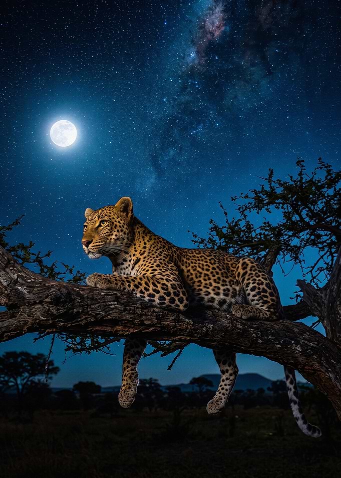 Leopard Resting Under Starry Night Sky
