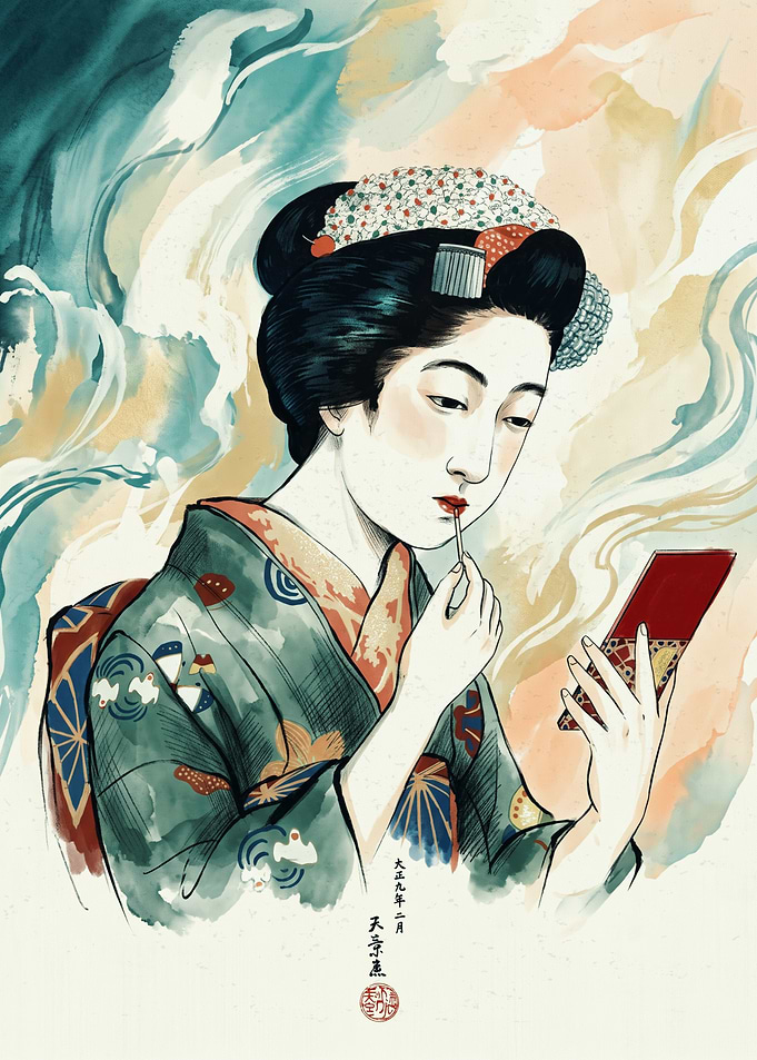 Geisha Kimono Japanese Watercolor Art Traditional Makeup Mirror Ukiyo E Poster