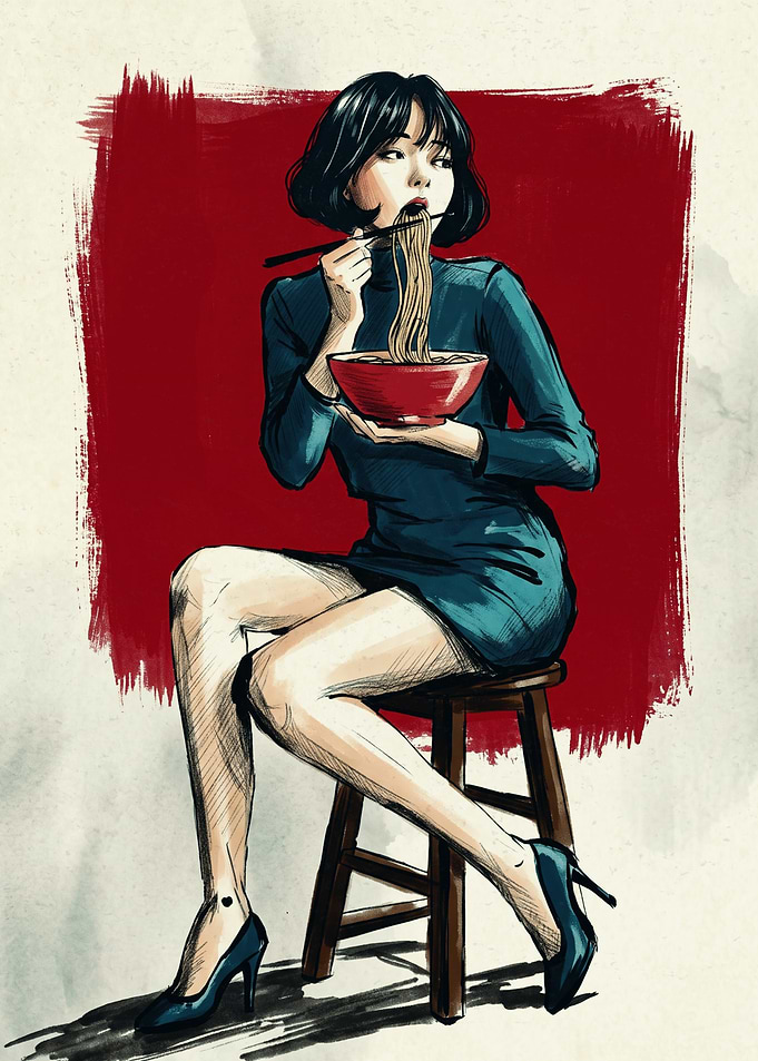 Woman Eating Noodles Food Anime Art Print