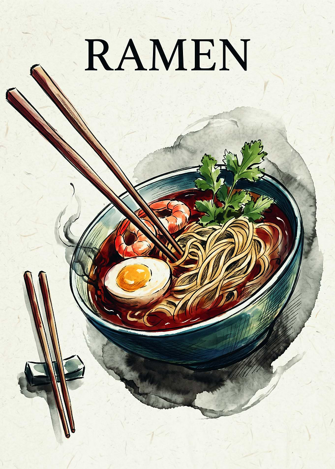 Shrimp Ramen Japanese Watercolor Art Noodle Bowl Food Kitchen Decor Poster