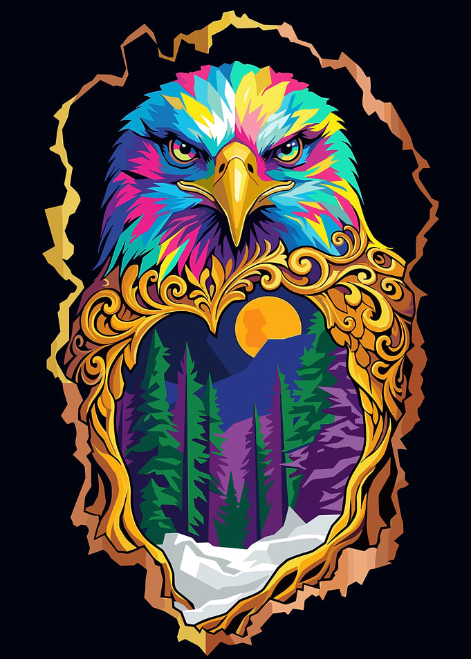 Colorful Eagle Portrait with Forest Frame