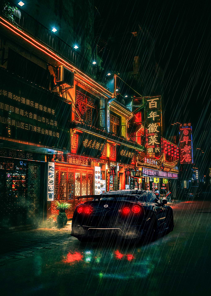 Nissan GT-R in Rainy Asian Street