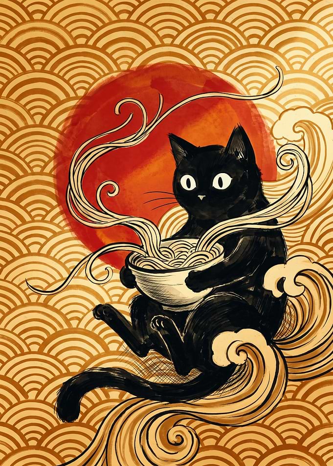 Black Cat Ramen Japanese Art Print Ukiyo E Wave Red Sun Seigaiha Pattern Foodie Poster