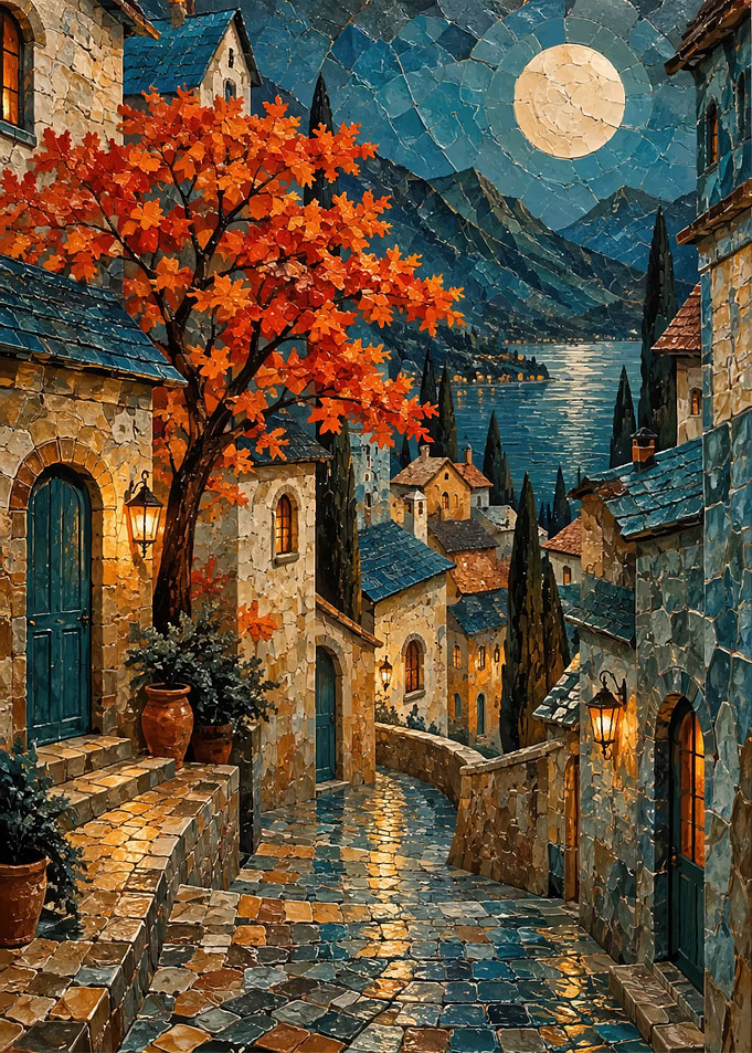Moonlit Mediterranean Village Street Scene
