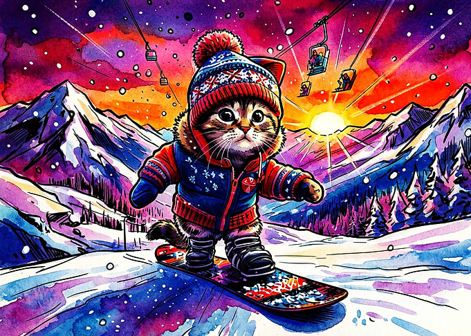 Cute Kitten Snowboarding in Mountains