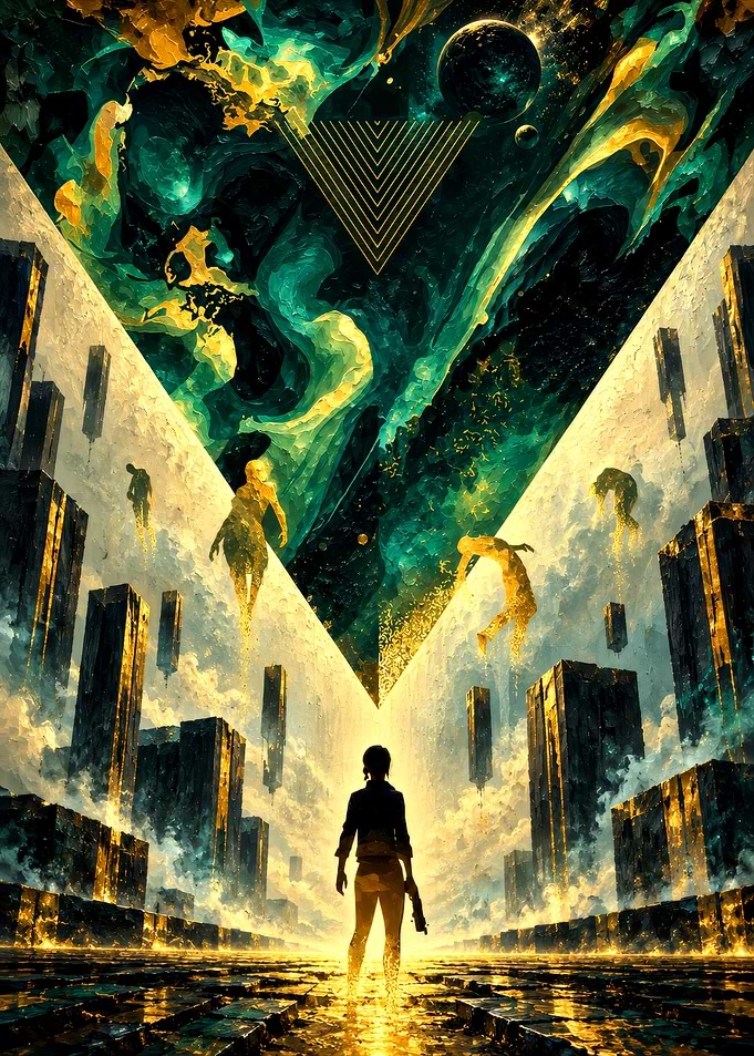 Control Game Surreal Sci-Fi Cityscape with Floating Figures
