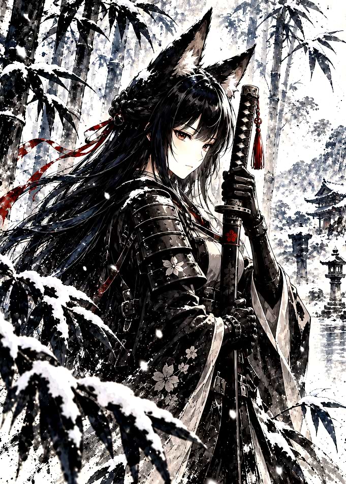 Fox Girl Samurai in Snowy Bamboo
