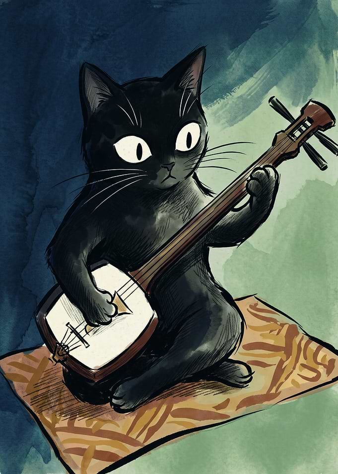 Black Cat Playing Shamisen Musical Instrument Watercolor Art
